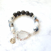 Delia Quartz Arrowhead Agate Lava Coral Beaded Charcoal Essential Oil Aromatherapy Beaded Stretch Bracelet